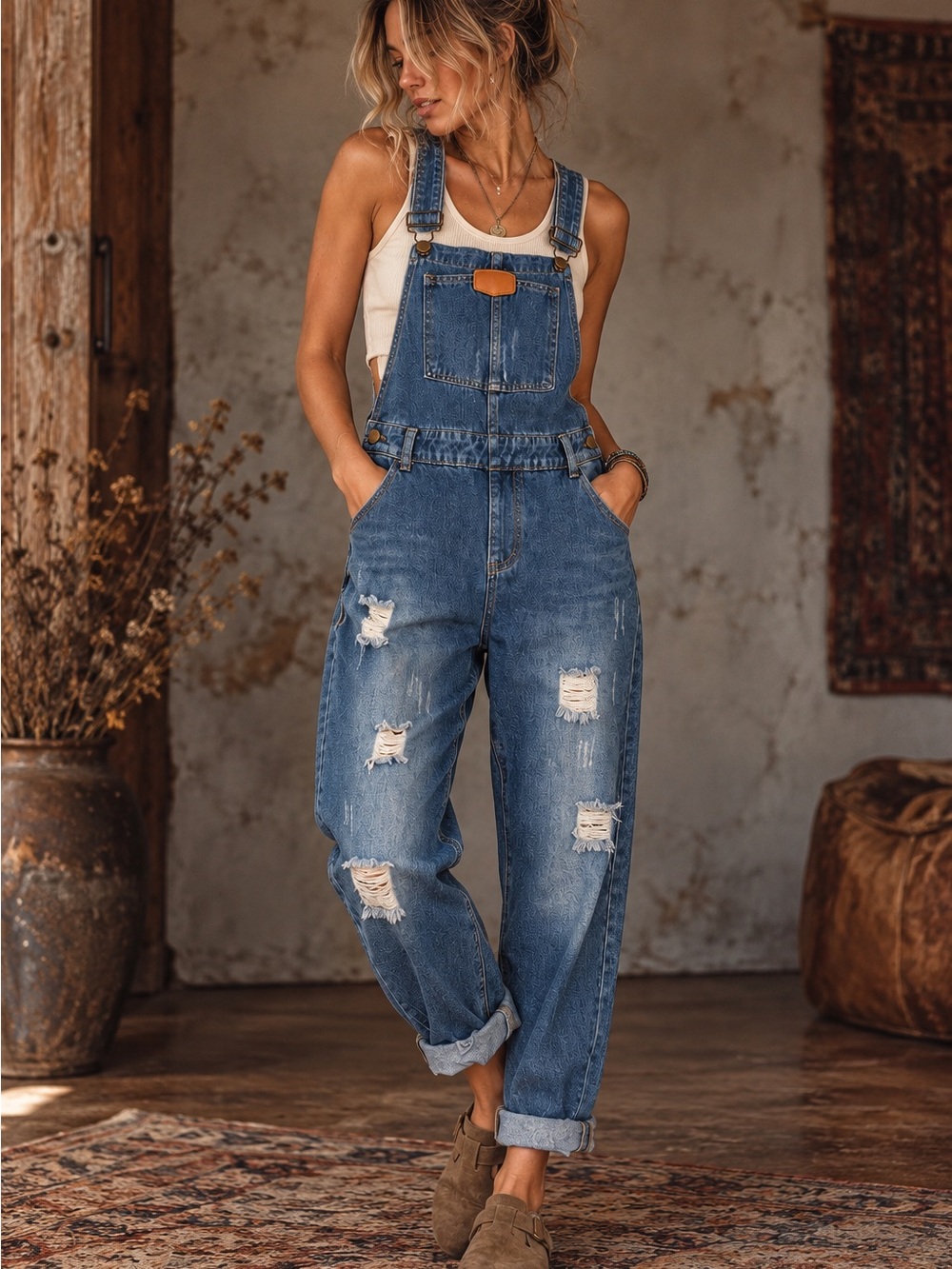Distressed Denim Overalls Medium Wash Boyfriend Utility Boho